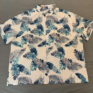 Cafe Luna Shirt Mens 2XL Blue White Tropical Leaf Hawaiian Button Up Polyester